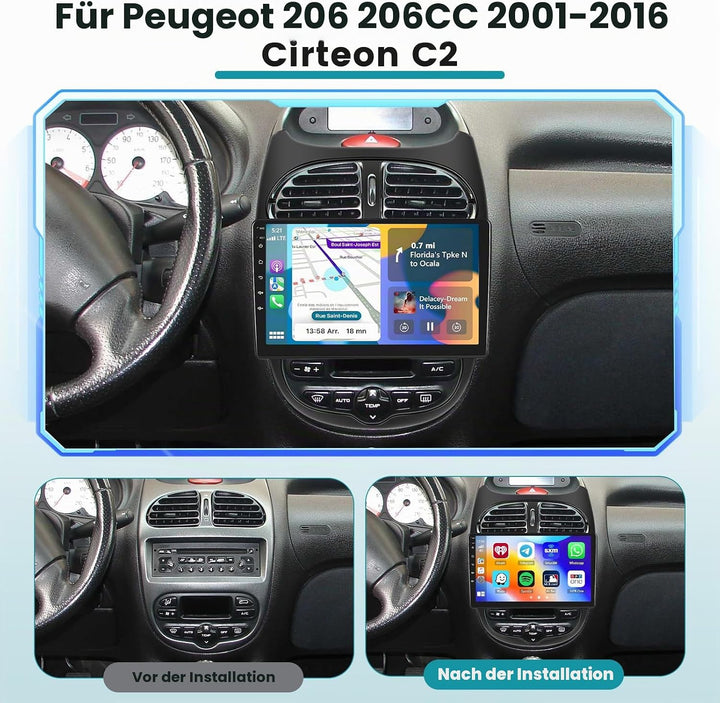 Hikity 2G 64G Android 15 Autoradio Für Peugeot 206 206CC 2001-2016/Cirteon C2 mit Wireless Carplay A