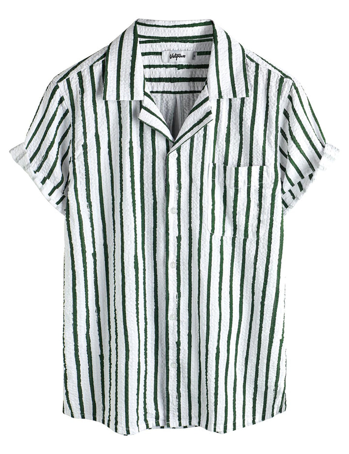 VATPAVE Herren Gestreifte Sommerhemd Casual Button Down Kurzarm Strand HawaiiHemd, Grünweiss