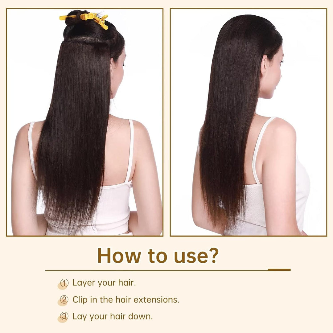TESS Clip in Extensions Echthaar Braun 45 cm, Ein Stück Clip in Echthaar Haarverlängerung 5 Clips Re