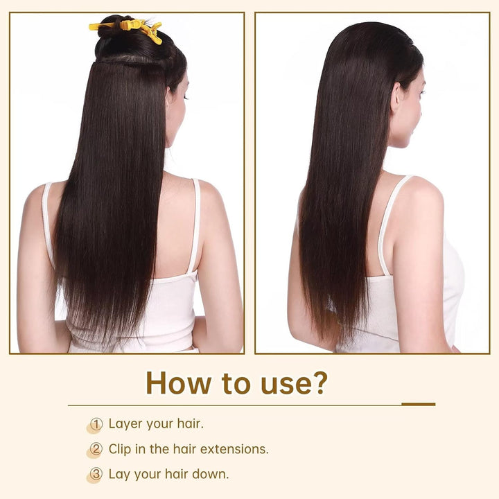 TESS Clip in Extensions Echthaar Braun 45 cm, Ein Stück Clip in Echthaar Haarverlängerung 5 Clips Re