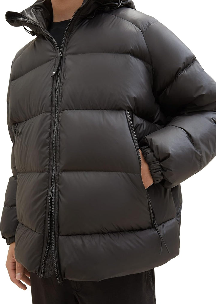TOM TAILOR Denim Herren Relaxed Fit Recycled Down Puffer-Jacke mit Kapuze L 29999-black, L 29999-bla