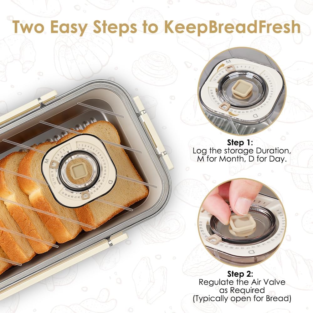 Brotkasten aus Edelstahl mit Zeitschaltuhr, Brotkasten Gross, luftdichter Aufbewahrungsbehälter für