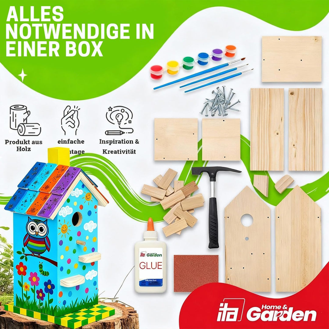 ITA DIY Nistkasten zum Zusammenbauen und Bemalen Skyhaven - Vogelhaus Komplett Bausatz mit Hammer, N
