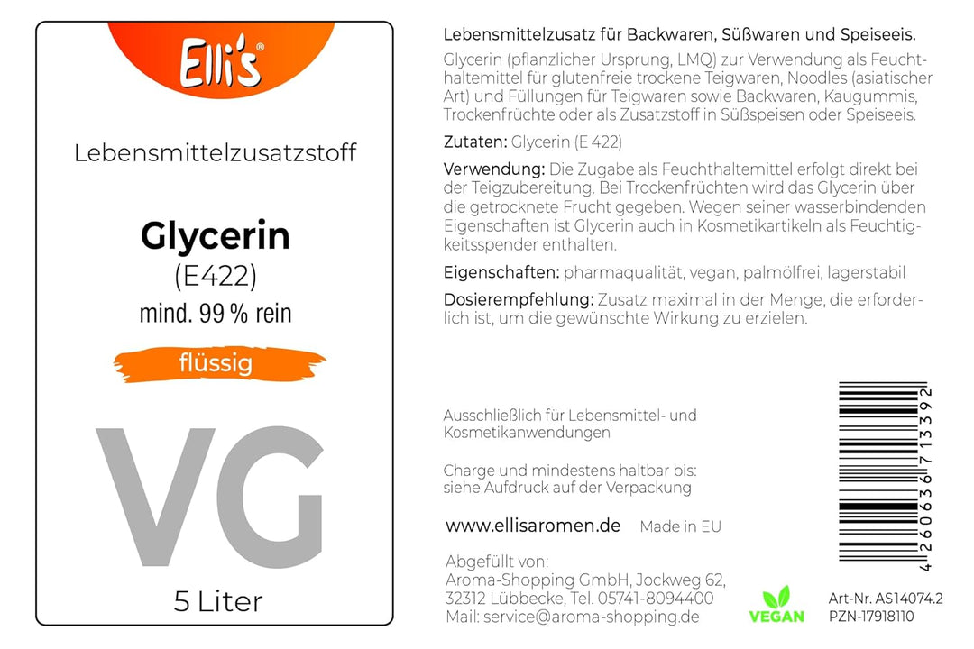 GLYCERIN 99,5% REIN | Lebensmittelzusatz für Lebensmittel und Kosmetika | Vegan und Feuchtigkeitsspe