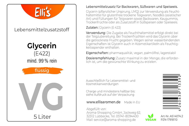 GLYCERIN 99,5% REIN | Lebensmittelzusatz für Lebensmittel und Kosmetika | Vegan und Feuchtigkeitsspe