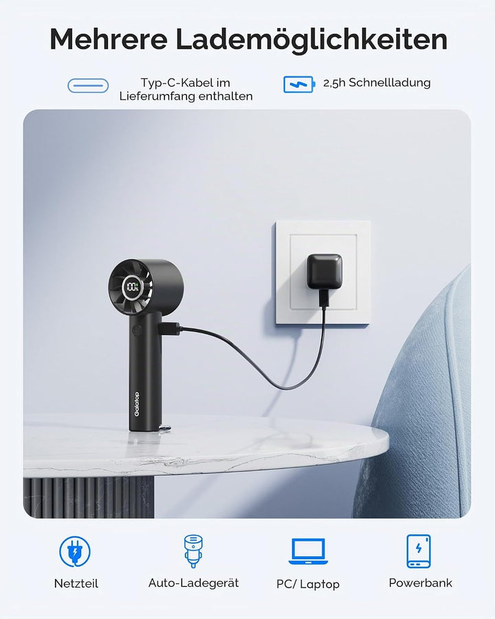 Gaiatop Tragbarer Turbo Handventilator mit LED Taschenlampe und Basis, Wiederaufladbarer Mini Ventil