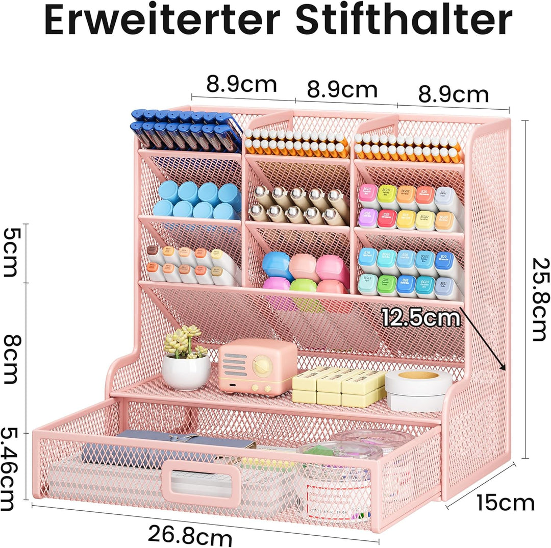 VITVITI Schreibtisch Organizer, 9 Fächer Stiftehalter mit Schublade, Netz Stifte Regal aus Metall, S