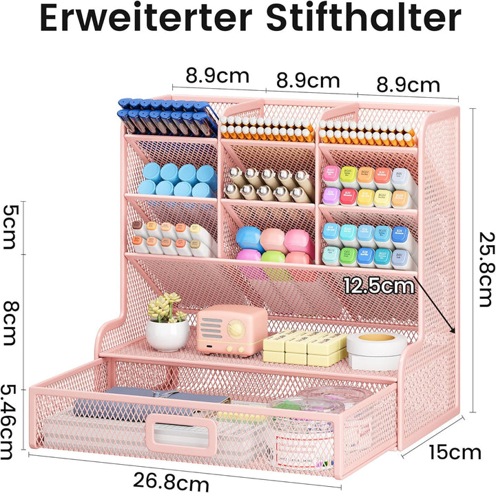 VITVITI Schreibtisch Organizer, 9 Fächer Stiftehalter mit Schublade, Netz Stifte Regal aus Metall, S