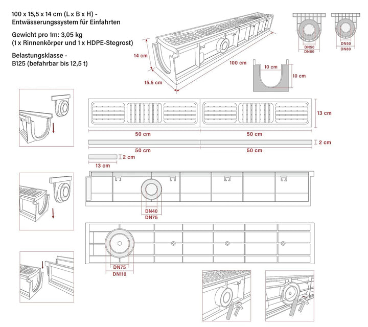 3m Entwässerungsrinne mit B125 HDPE-Abdeckrost - 1000 x 155 x 140 mm - Bodenrinne Ablaufrinne für Ga