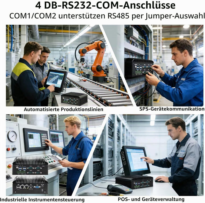 Lüfterlos PC N150(4C/4T) Industrie Mini PC, 4RS232 COM,2RJ45 LAN, 2HD+VGA Triple Display, 6USB, GPIO