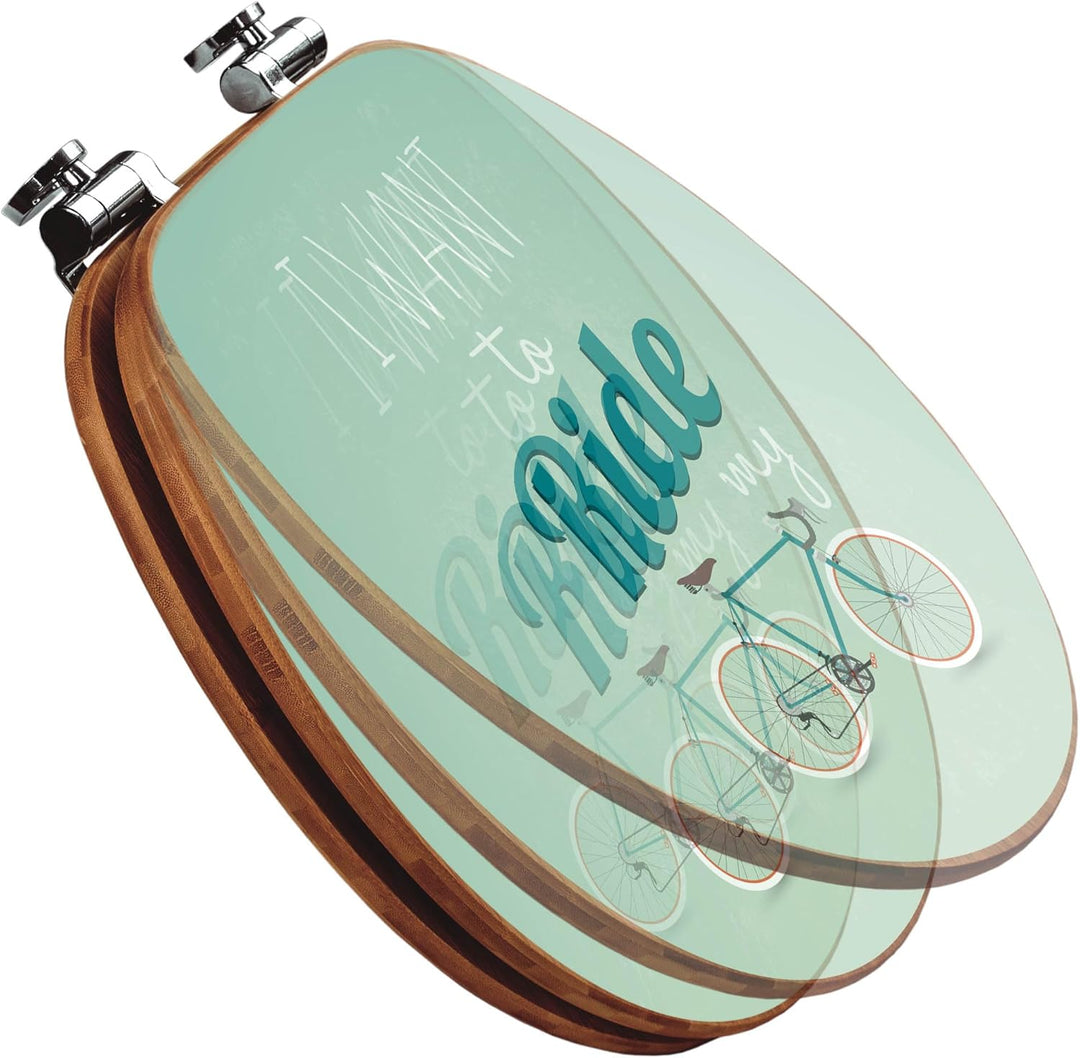 banjado® Design WC Sitz Bambus Absenkautomatik mit Motiv Ride my bike/Toilettendeckel mit Absenkauto