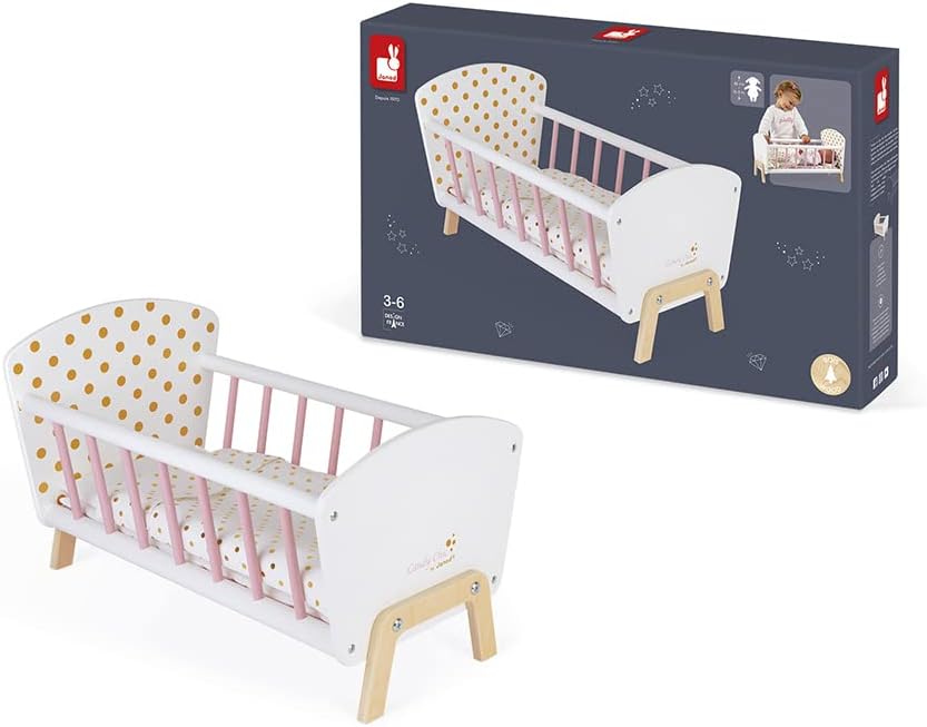 Janod - Puppenbett ‘Candy Chic’ aus Holz mit Matratze + Decke + Kissen - Zarte Glitzernde Farben - K