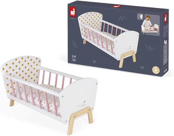 Janod - Puppenbett ‘Candy Chic’ aus Holz mit Matratze + Decke + Kissen - Zarte Glitzernde Farben - K