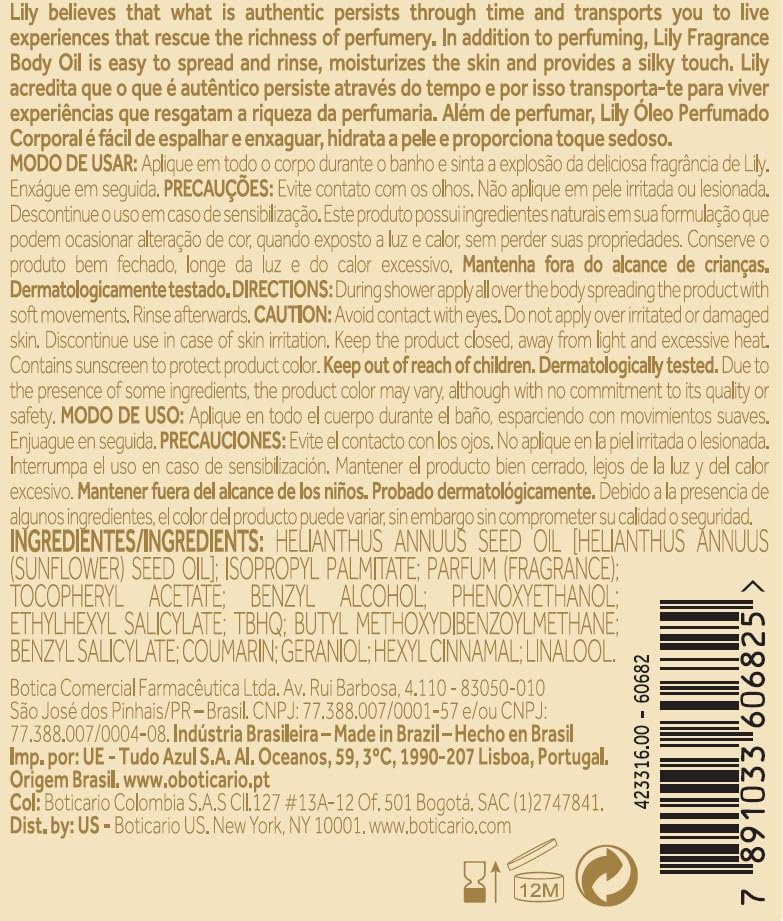 O Boticário Lily Parfümiertes Körperöl, Lotion für den Körper, spendet Feuchtigkeit und pflegt die H