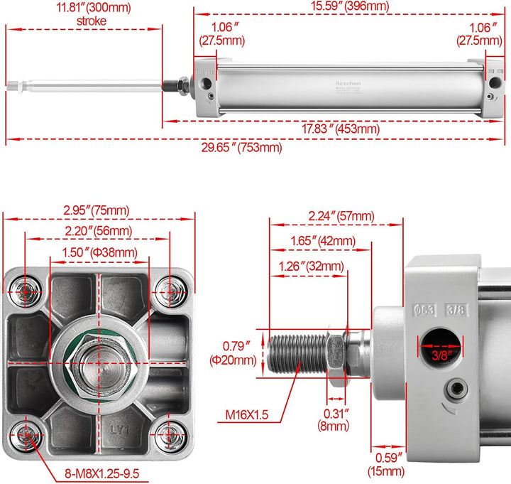 Heschen Pneumatischer Standard-Luftdruckzylinder, SC 63-300, PT3/8 Anschluss, 63mm Bohrung, 300mm Hu