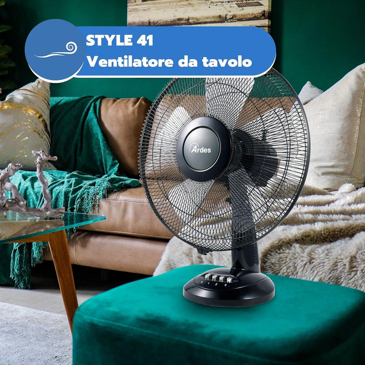 ARDES - Ardes-Tischventilator, 40 cm, 5 Flügel, oszillierend, Total Black, Ardes-Ventilator, 3 Gesch