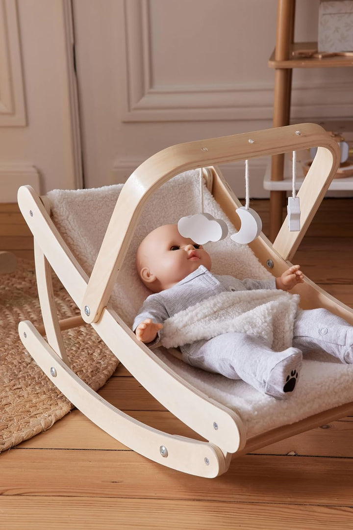 Vertbaudet Puppen-Wippe MINI Cocoon aus Holz FSC® Natur/wollweiss Teddyfleece