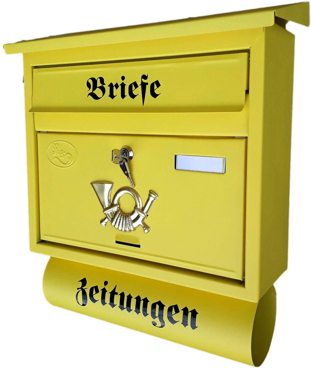 Grosser Briefkasten/Postkasten XXL Gelb matt mit Abnehmbarer Zeitungsrolle Flachdach Katalogeinwurf