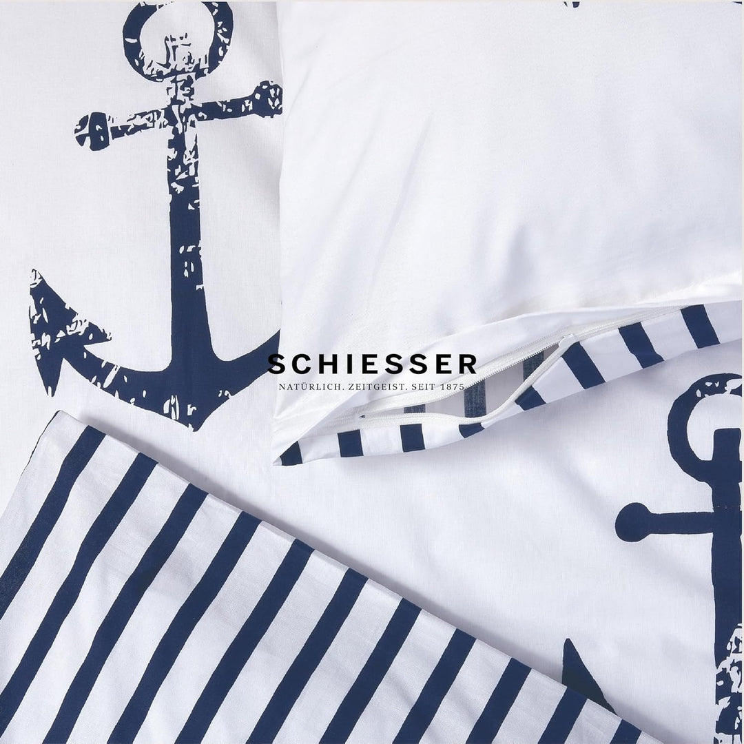 Schiesser Wende-Bettwäsche-Set Marina aus weicher Baumwolle in maritimem Look, Farbe:Weiss und Marin