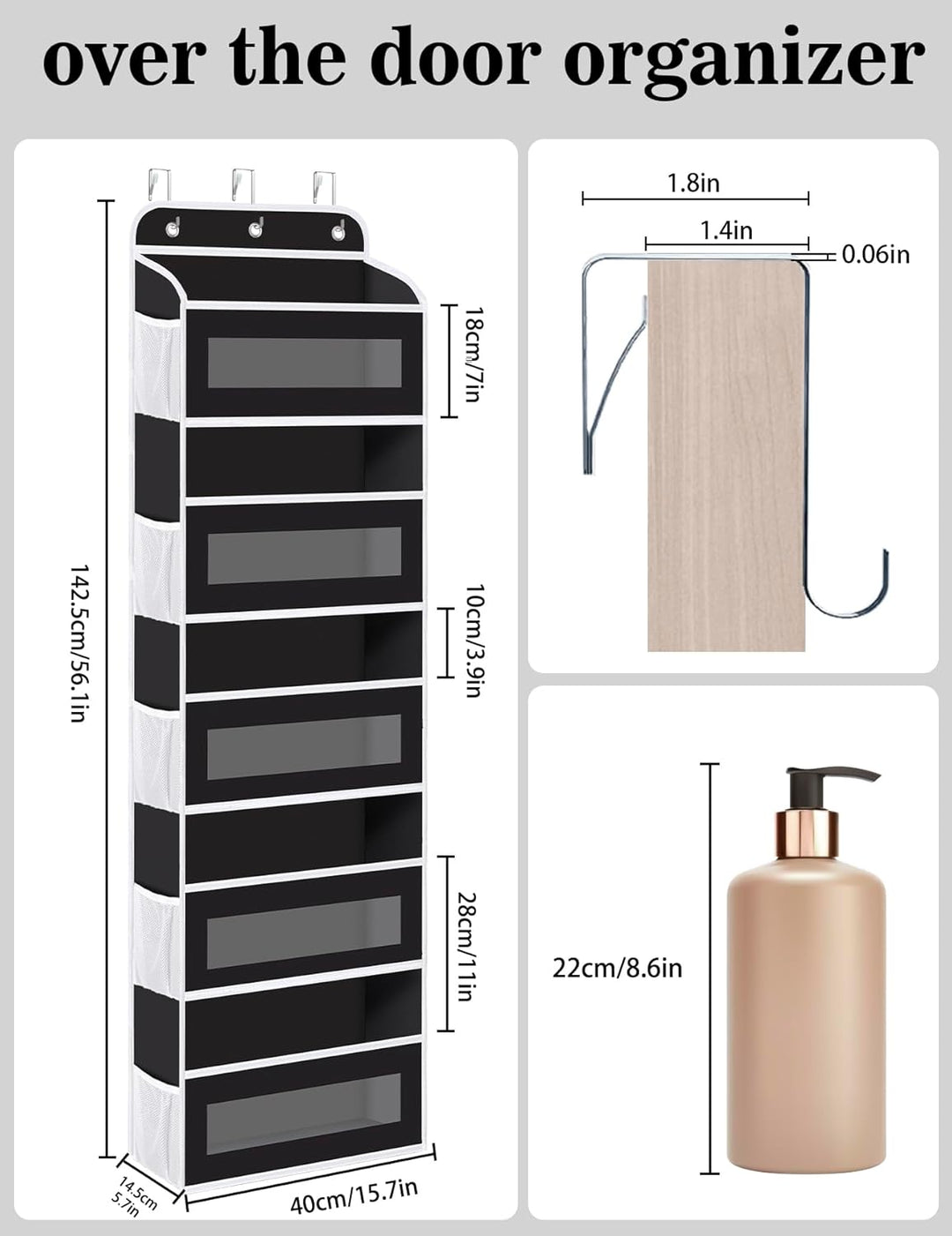 KYEVIS Over The Door Organizer Storage, 5 Shelves Door Organizer Hanging with 10 Mesh Pockets, Behin