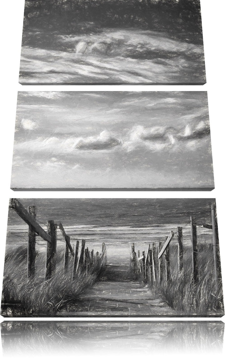 Pixxprint Weg zum Strand am Meer Kunst / 3-Teilig/Gesamtmass 120cm Leinwandbild bespannt auf Holzrah