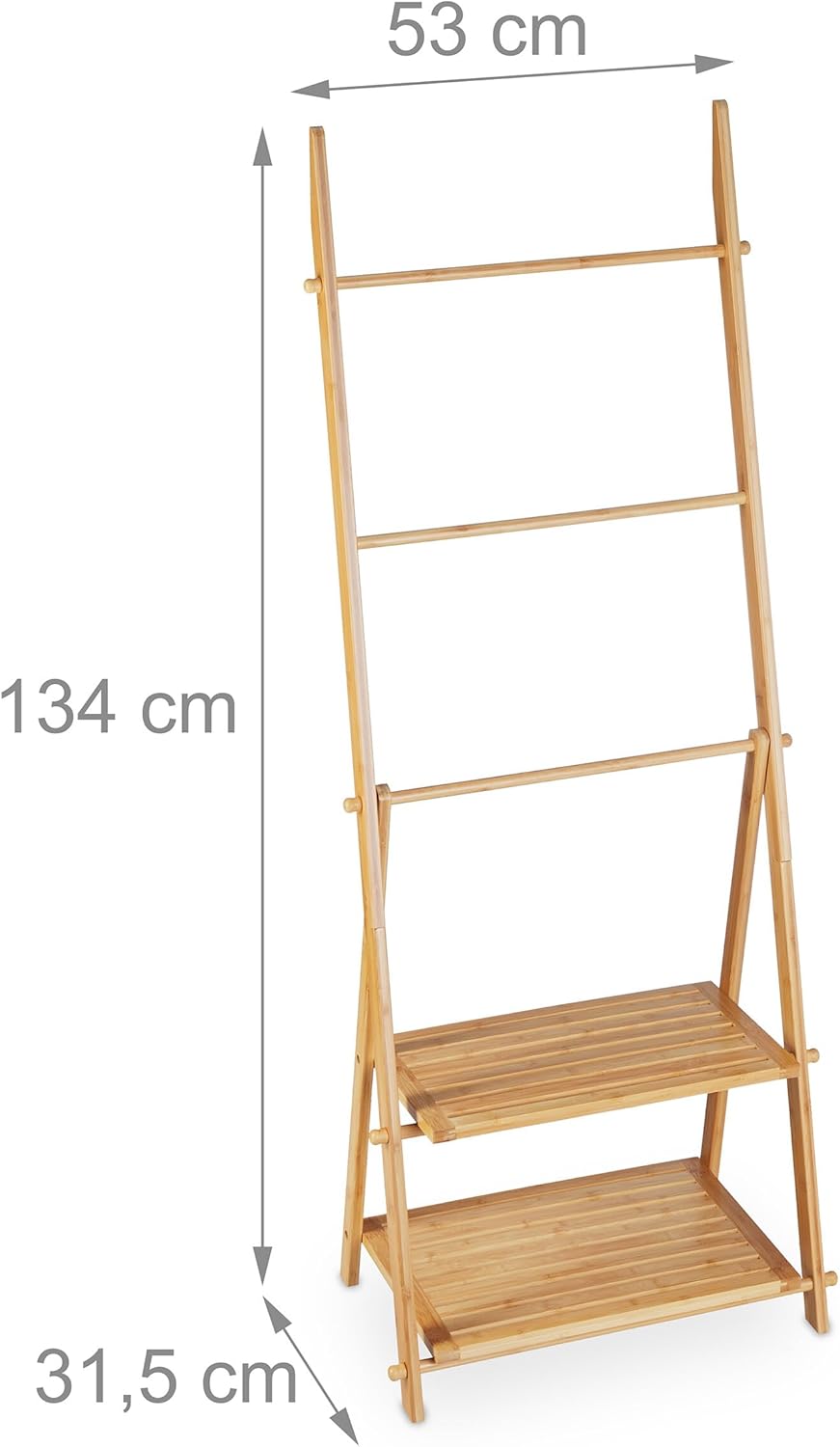 Relaxdays Handtuchleiter Bambus, 3 Stangen, 2 Ablagen, HBT: 134 x 53 x 31,5 cm, klappbar, Standhandt