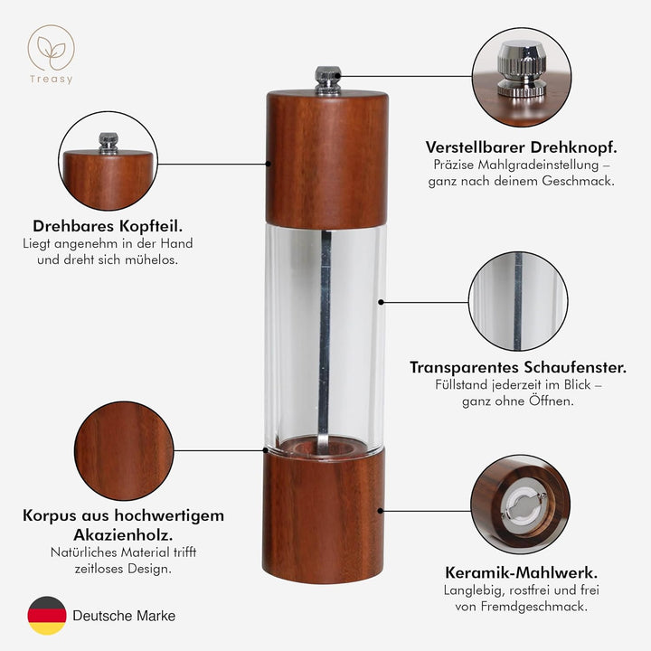 Treasy Salz- und Pfeffermühlen Set aus Holz – 2er Set Gewürzmühlen mit Keramikmahlwerk, einstellbare