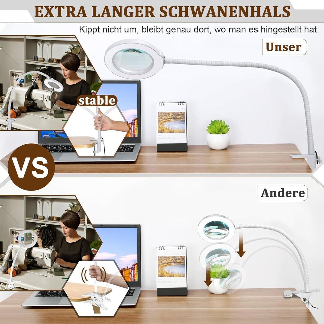 Veemagni 10X Lupe mit Licht und Klemme, Echtes Glas Lupenlampe, 5 Farbmodi Stufenlos Dimmbare, 23 Zo