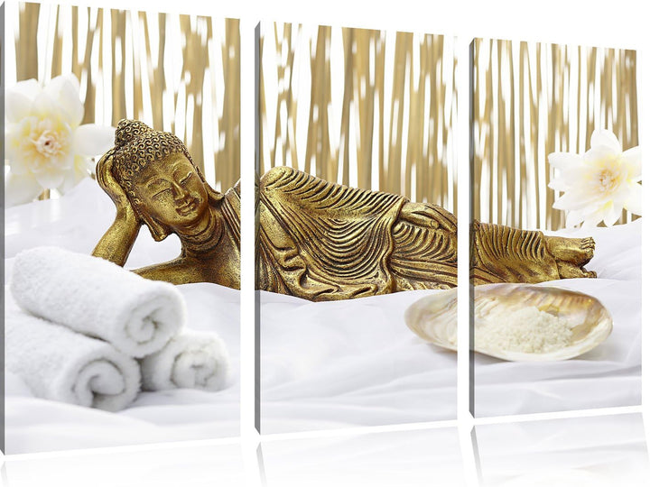 Pixxprint Goldener Buddha auf Handtuch als Leinwandbild/Grösse: 3 Teilig (120x80) / Wandbild/Kunstdr