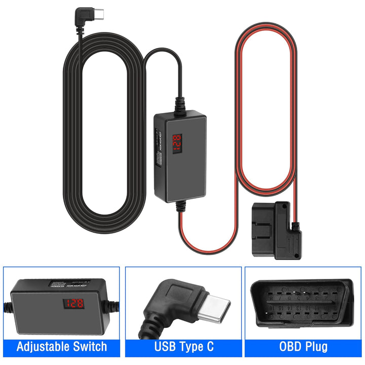 MEIRIYFA OBD OBD2 Stromkabel für Dash Kamera, OBD2 zu USB C Ladekabel mit 24-Stunden-Überwachung Typ