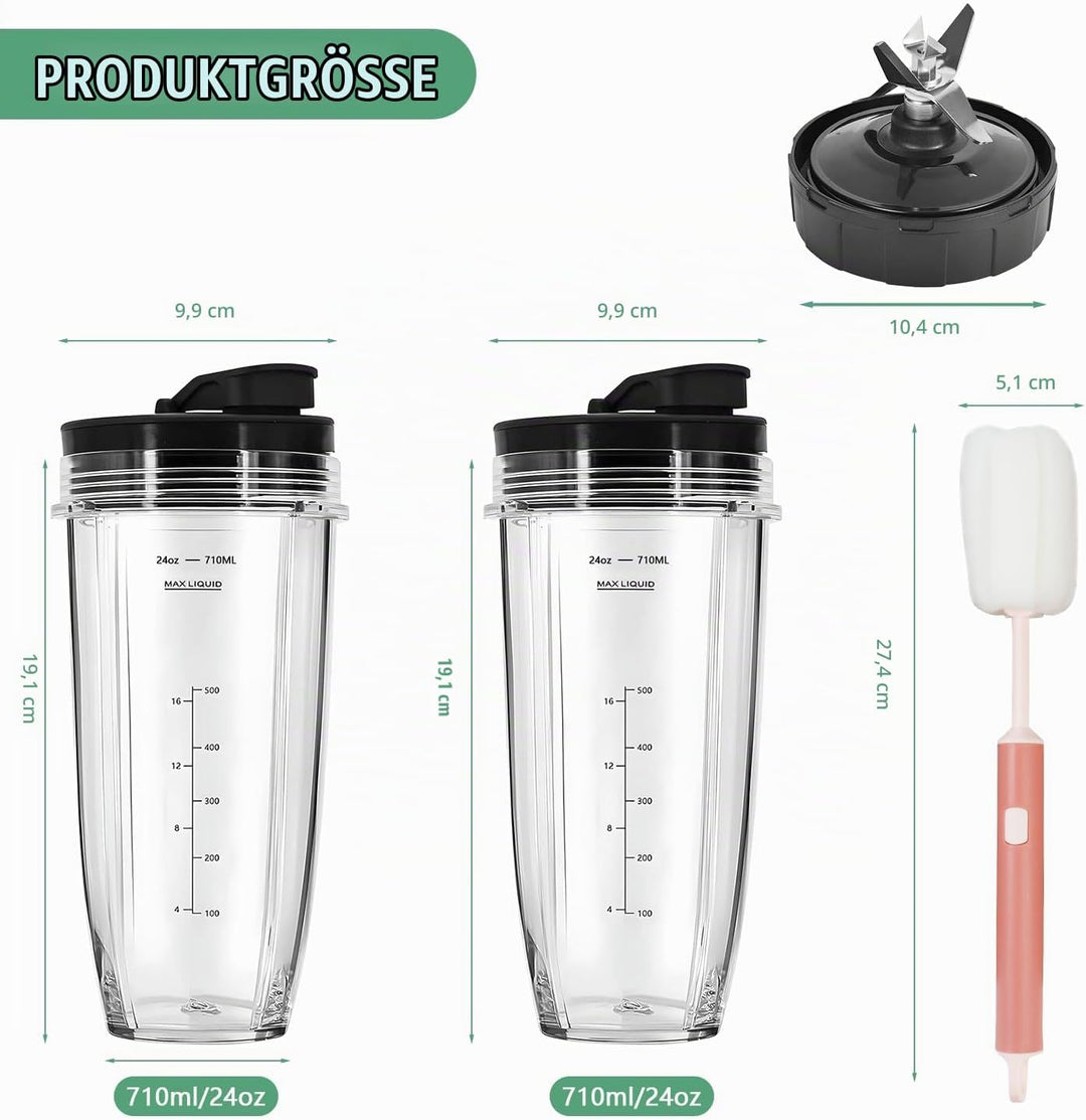 Blender Cups &amp; Blattersatz für Ninja - 2 Pack 710 ml Cups mit 7 Flossen Blatt Ersatzteilen &amp; Bürsten