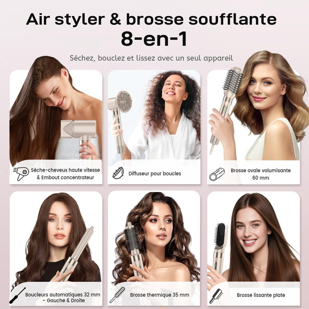 8-in-1 Haartrockner mit Aufsätzen & Warmluftbürste Set – 110.000 U/min Föhn mit 32mm Auto-Air-Wrap L