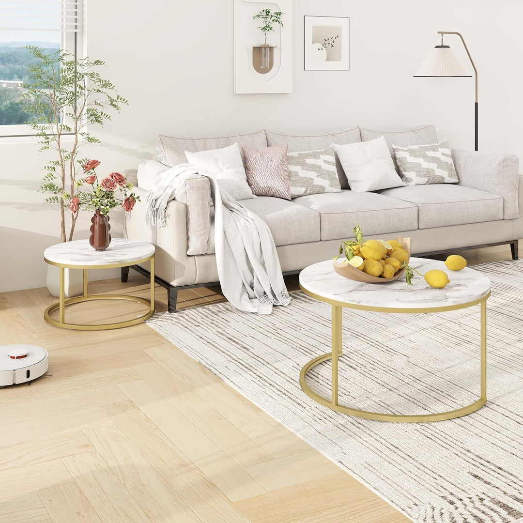 Marmor Couchtisch Gold, Couchtisch 2er Set mit 1 Grosser Couchtisch Rund und 1 Kleiner Tisch, Beiste