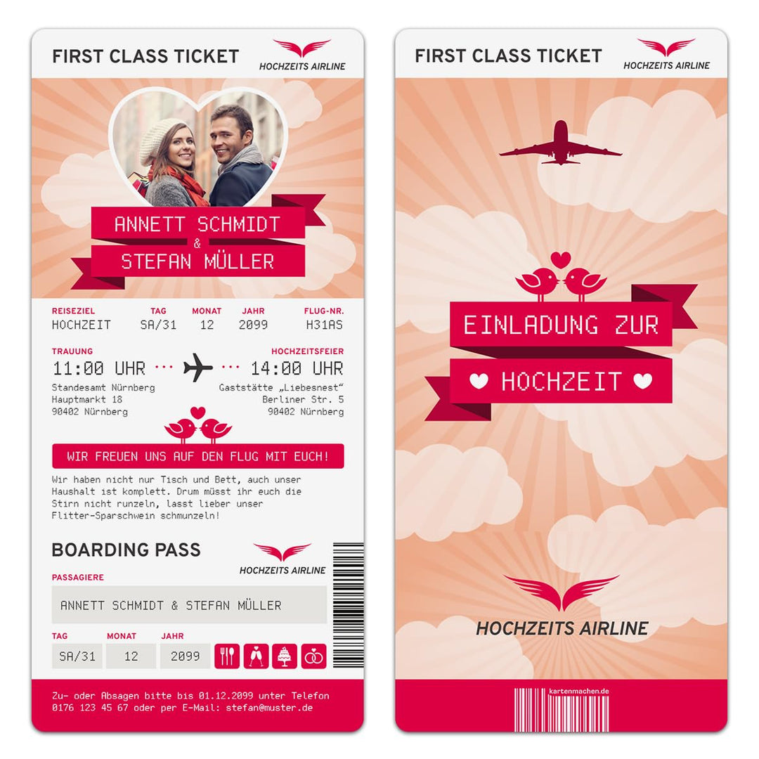 Kartenmachen.de Personalisierte Hochzeit Einladungen (10-100 Stück) - First Class Flugticket - Hochz