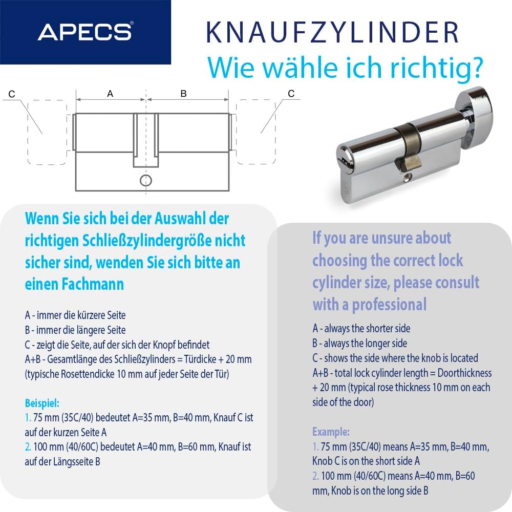 APECS Schliesszylinder Sicherheitsschloss Wohnungstür Doppelzylinder 110 (50/60C) mm mit 5 Schlüssel