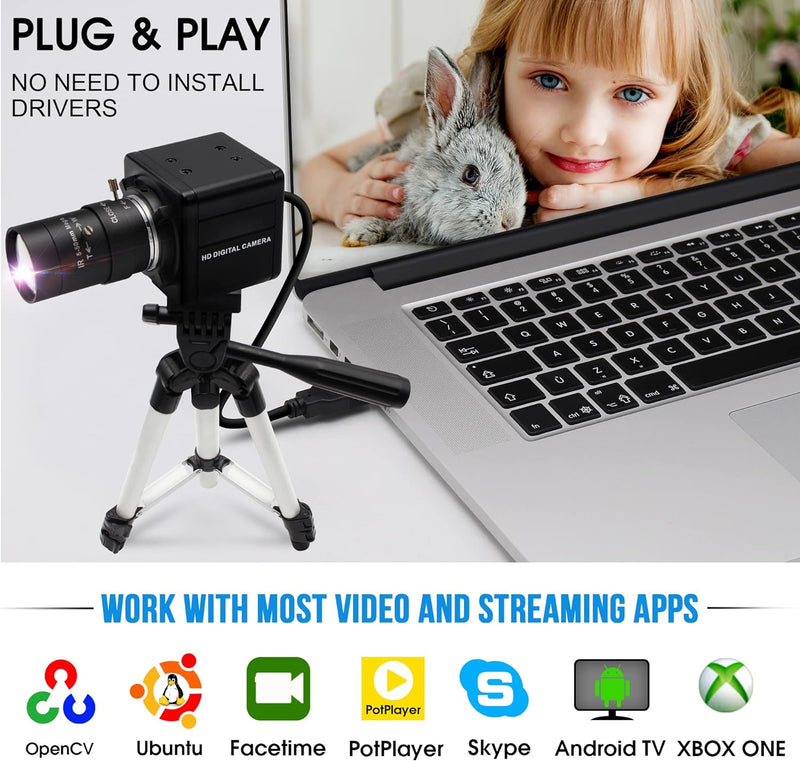 ELP 8 Megapixel Webcam mit HD 5-50mm Variofokus Objektiv,HD Streaming Kamera USB kompatibel mit Wind