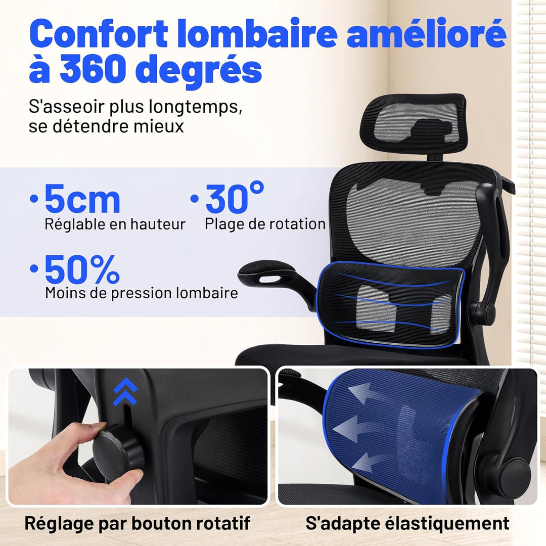 Bürostuhl Ergonomisch mit Kopfstütze, Verstellbarer Lendenwirbelstütze & Netzbespannung, Höhenverste