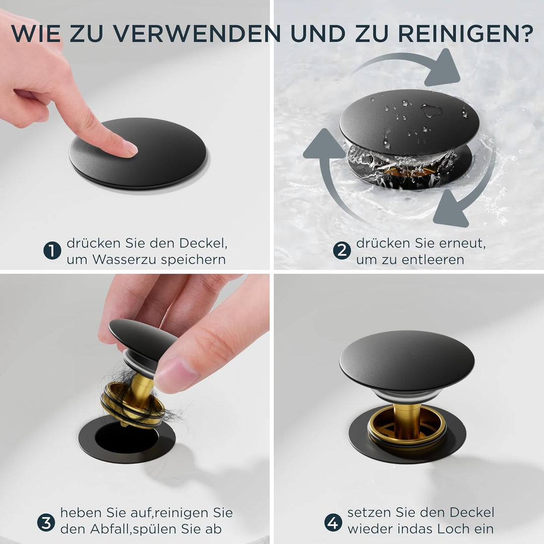 FORIOUS Wasserhahn Bad Schwarz mit Ablaufgarnitur, Edelstahl Wasserfall Waschbeckenarmatur mit Ausla