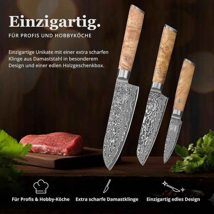 zayiko Kinone Premium 3er Damastmesser-Set mit 8-17 cm Klinge gefertigt aus 67 Lagen echtem Damastst