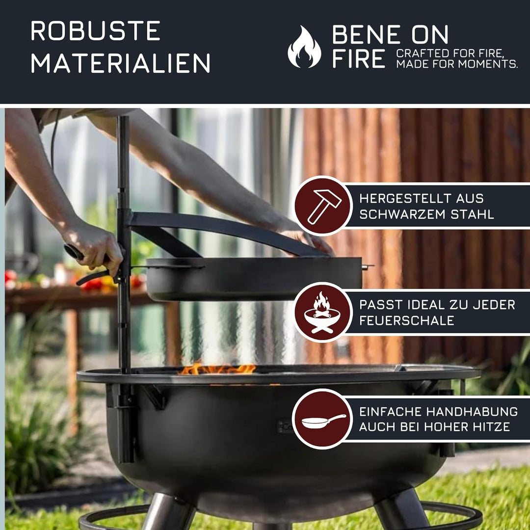 BENE ON FIRE Feuerschalen Grillpfanne Ø 50 cm mit Griff | Stahlpfanne schwarz 6,2 kg hitzebeständig