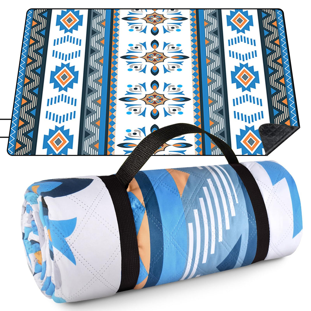 AUAUY Picknickdecke Boho Wasserdicht, 200x200cm, mit Tragegurt, Grün Blau - 200x200 Cm, Blau - 200x2
