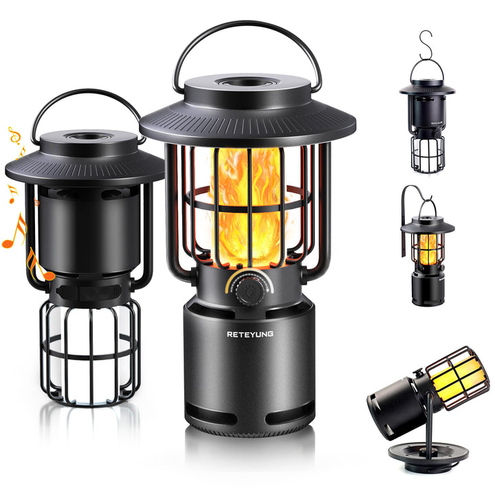 RETEYUNG Outdoor Bluetooth-Lautsprecher mit Flammenlicht,IP65 Wasserdichte Campinglampe,3 Beleuchtun