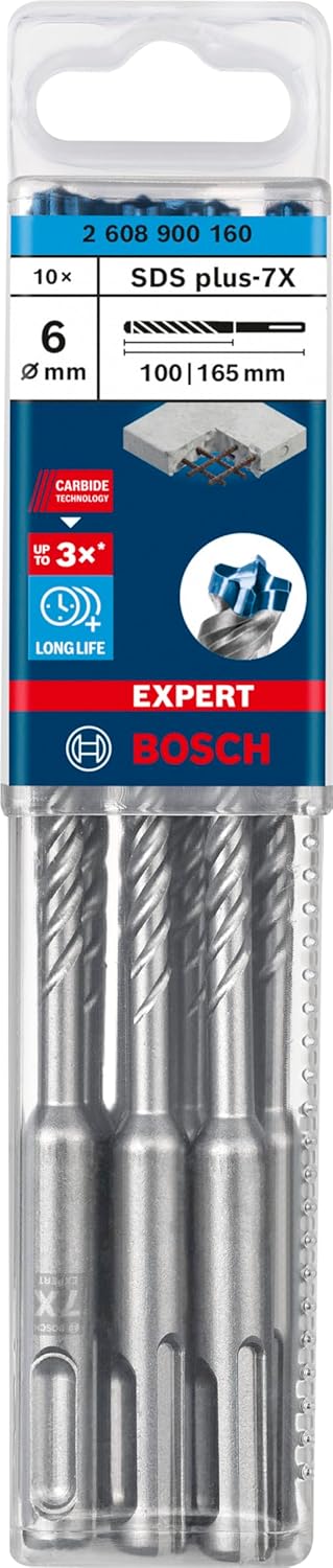 Bosch Professional 10x Expert SDS plus-7X Hammerbohrer (für Stahlbeton, Ø 6,00x165 mm, Zubehör Bohrh