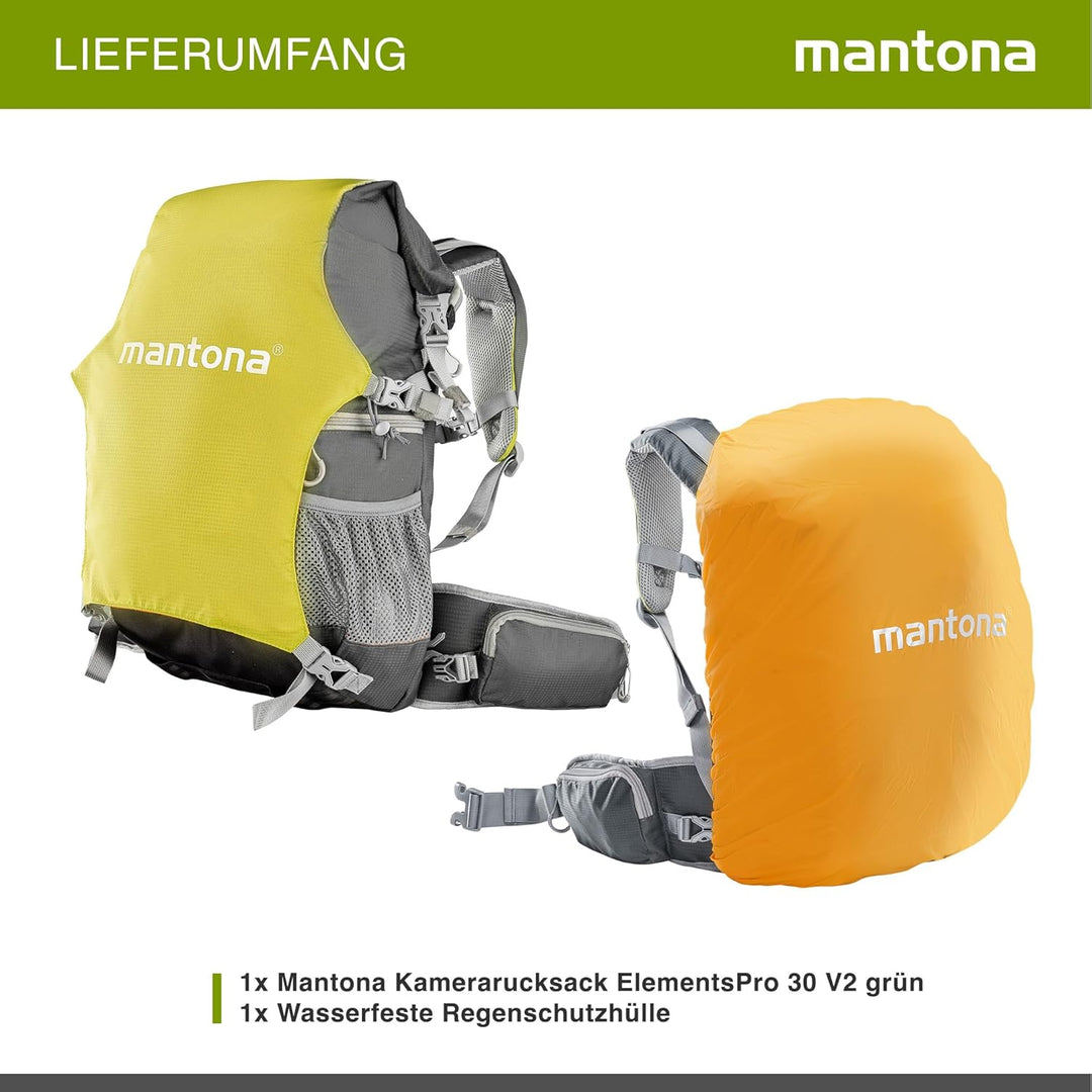 Mantona ElementsPro 30 V2 Outdoor DSLR Kamerarucksack Grün Schnellzugriff Kameratasche mit Regenhüll