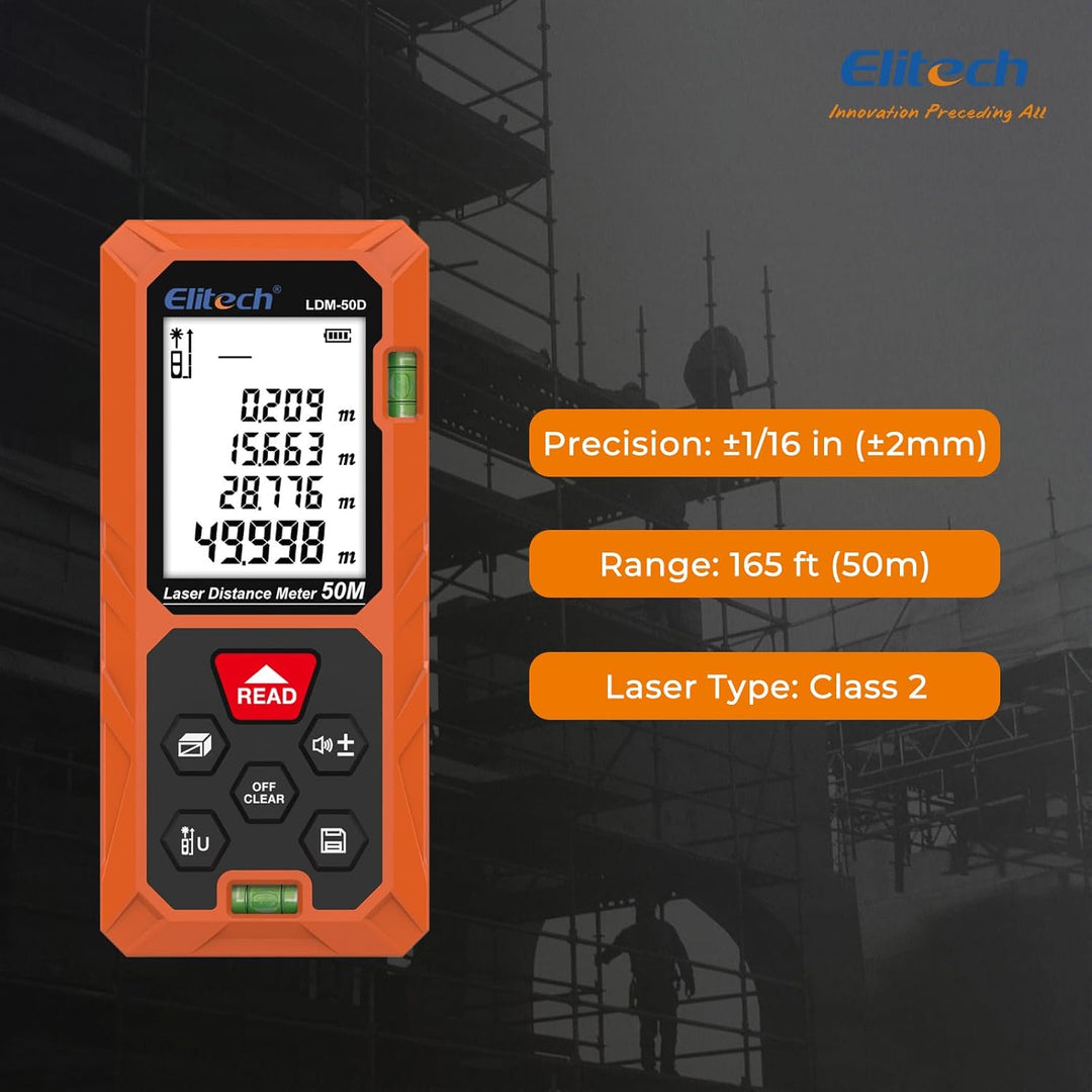 Elitech LDM-50-Series Laser Entfernungsmesser 50m Reichweite, ±2mm Genauigkeit, Flächen-/Volumen-/Py