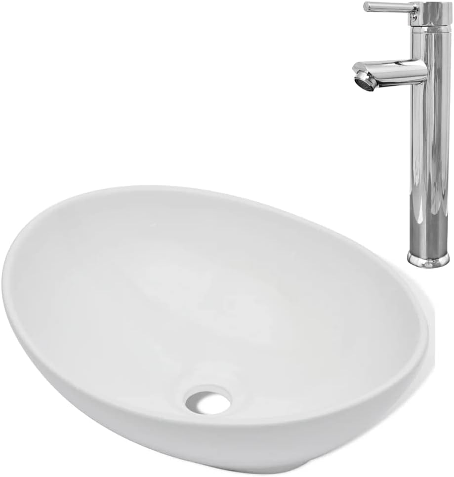 WIFESE Bad-Waschbecken mit Mischbatterie Keramik Oval Weiss 40x33x13,5 CM Aufsatzwaschbecken Eckig B
