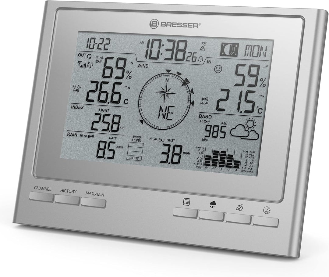 Bresser Wetterstation Funk mit Aussensensor 7-in-1 Wetter-Center ClimateScout mit Profi-Aussensensor