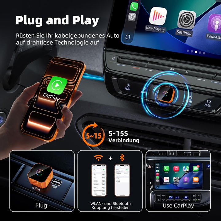 Wireless CarPlay Adapter für iPhone, 2026 Upgrade Wireless Carplay, Plug und Play, USB/Type-C, Schne