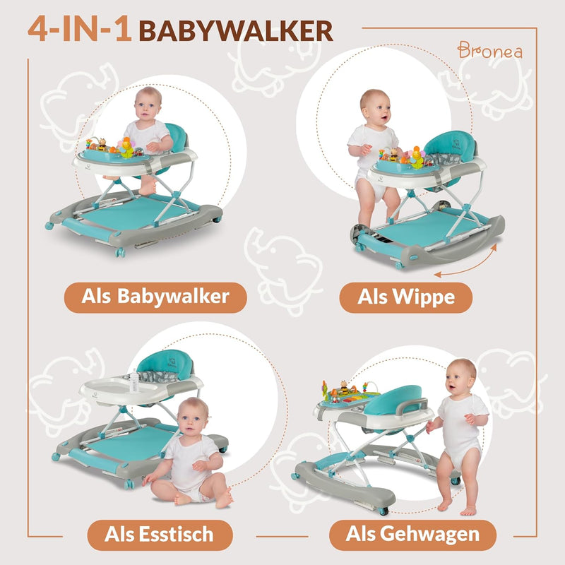 BRONEA® 4-in-1 Gehfrei Babywalker ab 6 Monate | Lauflernwagen Schaukelfunktion und Spielpaneel mit M