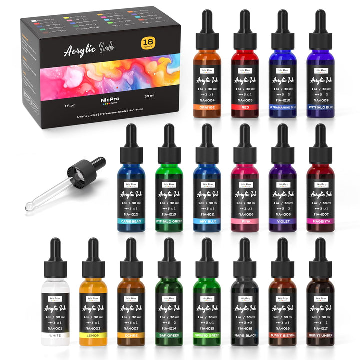 Nicpro 18 Farben Acrylic Ink Set, 30 ml Flasche mit Tropfer, Flüssige Acryltinte Schnell Trocknende,